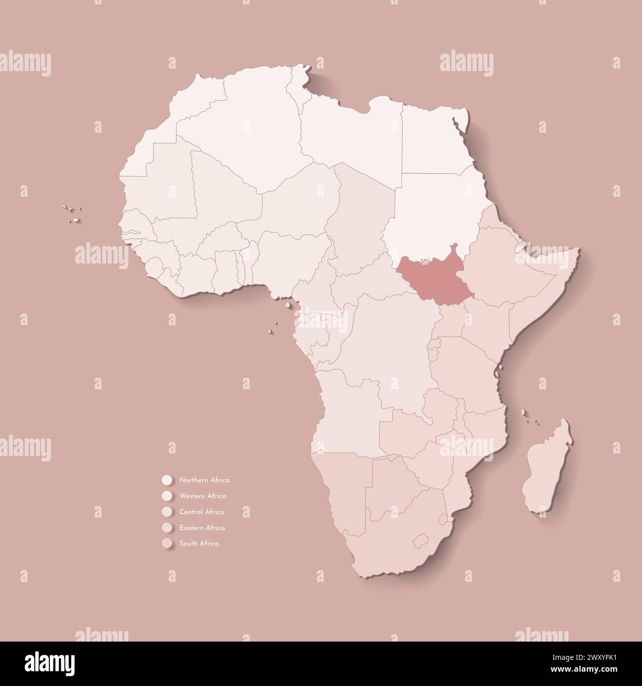 Illustrazione vettoriale con continente africano con confini di tutti gli stati e paese contrassegnato Sud Sudan. Mappa politica di colore marrone con occidentale, sout Illustrazione Vettoriale