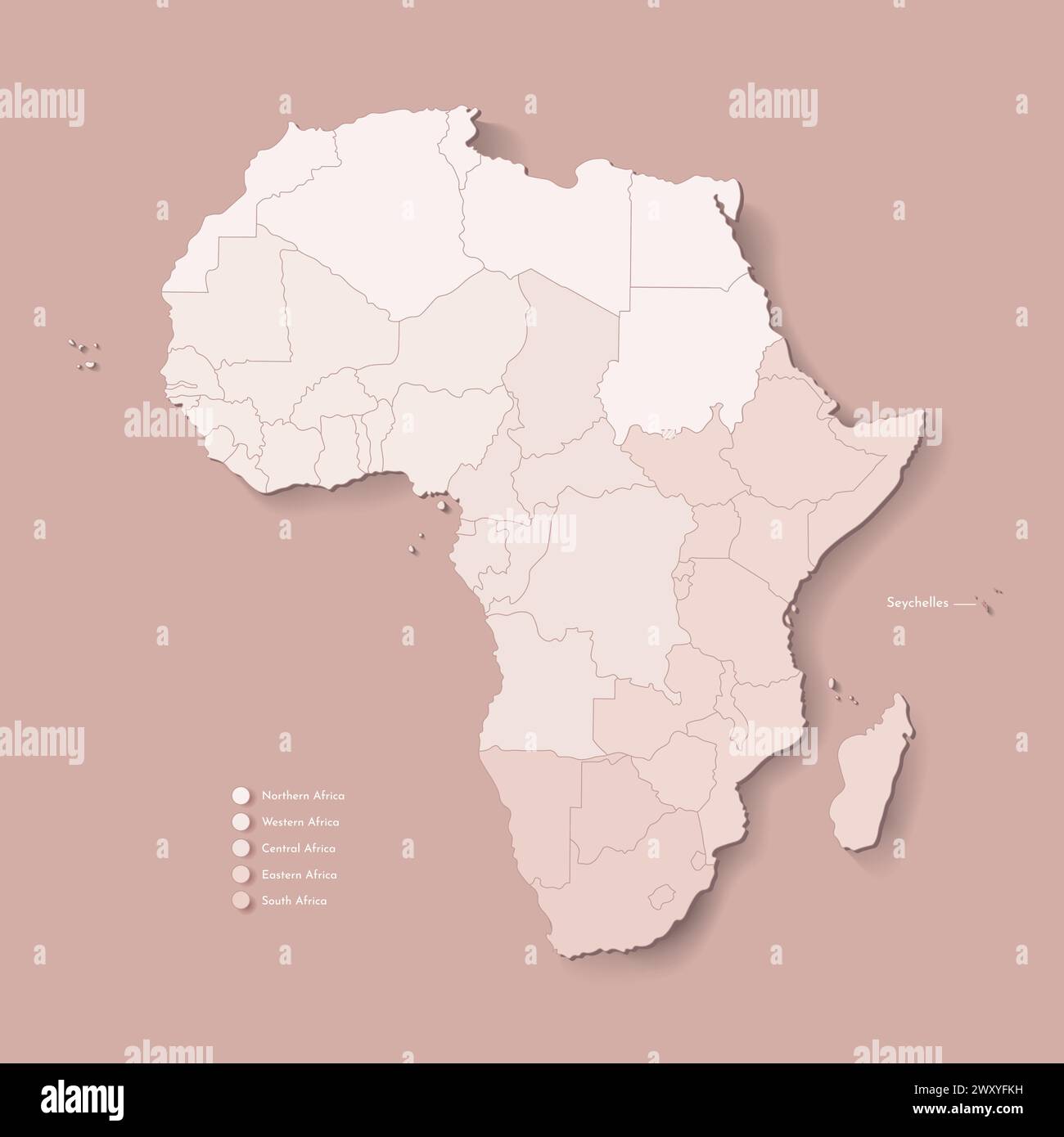 Illustrazione vettoriale con continente africano con confini di tutti gli stati e paese marcato Seychelles. Mappa politica di colore marrone con occidentale, sud Illustrazione Vettoriale