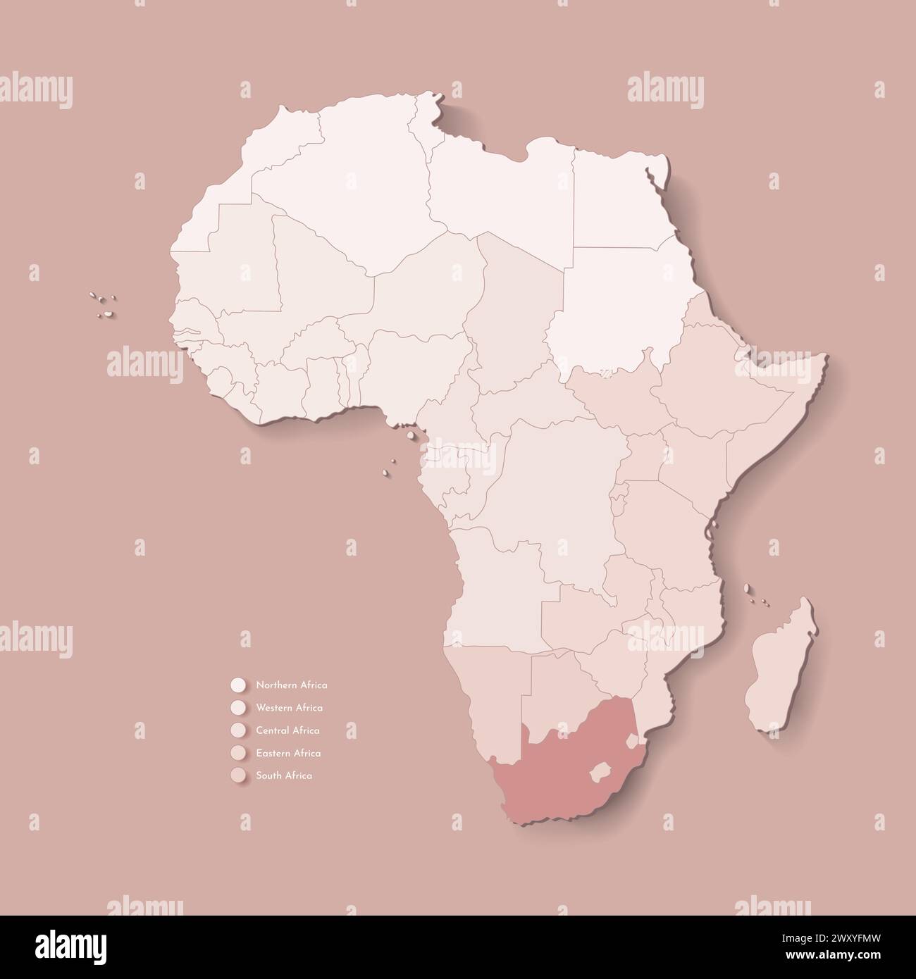 Illustrazione vettoriale con continente africano con confini di tutti gli stati e paese marcato Sud Africa. Mappa politica di colore marrone con occidentale, sou Illustrazione Vettoriale