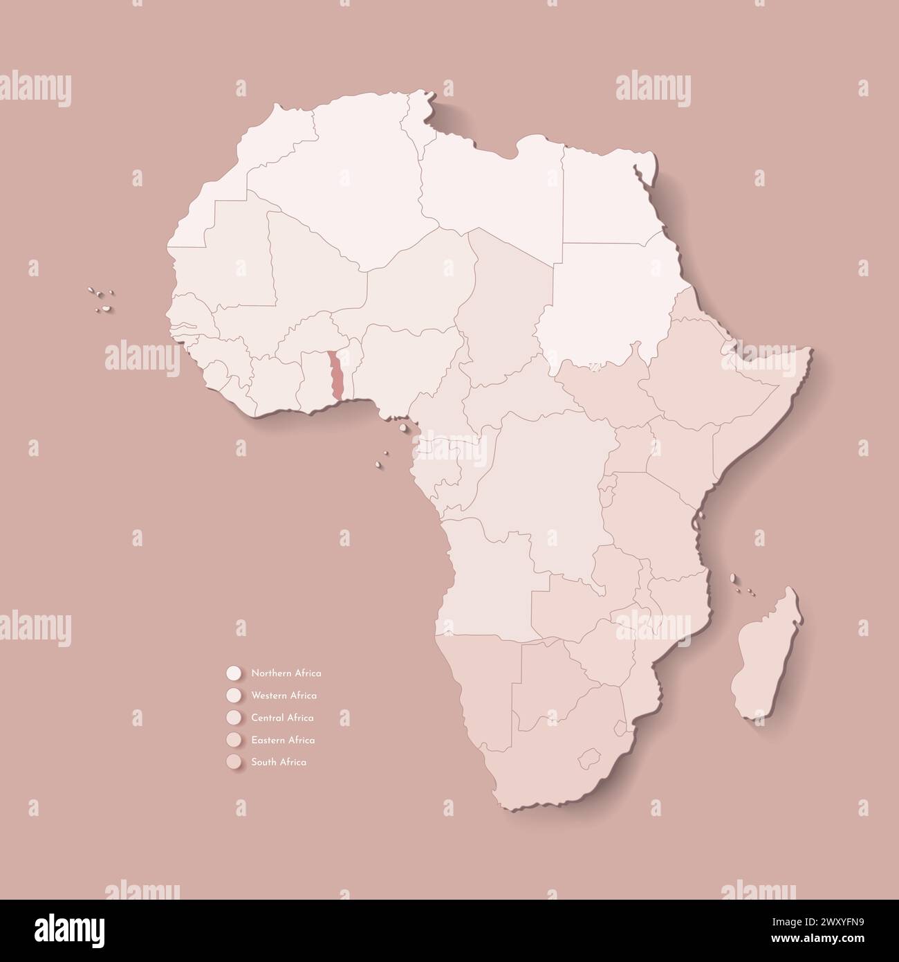 Illustrazione vettoriale con continente africano con confini di tutti gli stati e paese marcato Togo. Mappa politica della Repubblica del Togolese in colori marroni con noi Illustrazione Vettoriale