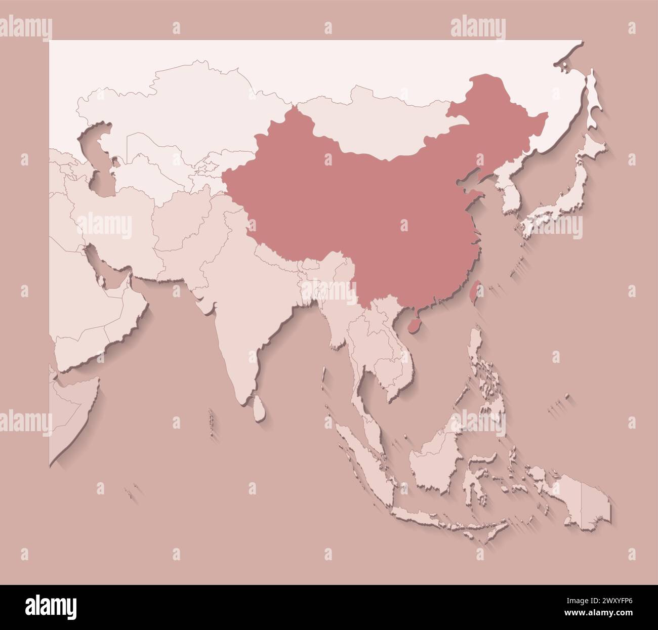 Illustrazione vettoriale con aree asiatiche con confini di stati e paese contrassegnato Cina e Taiwan (ROC). Mappa politica di colore marrone con regioni. BEI Illustrazione Vettoriale