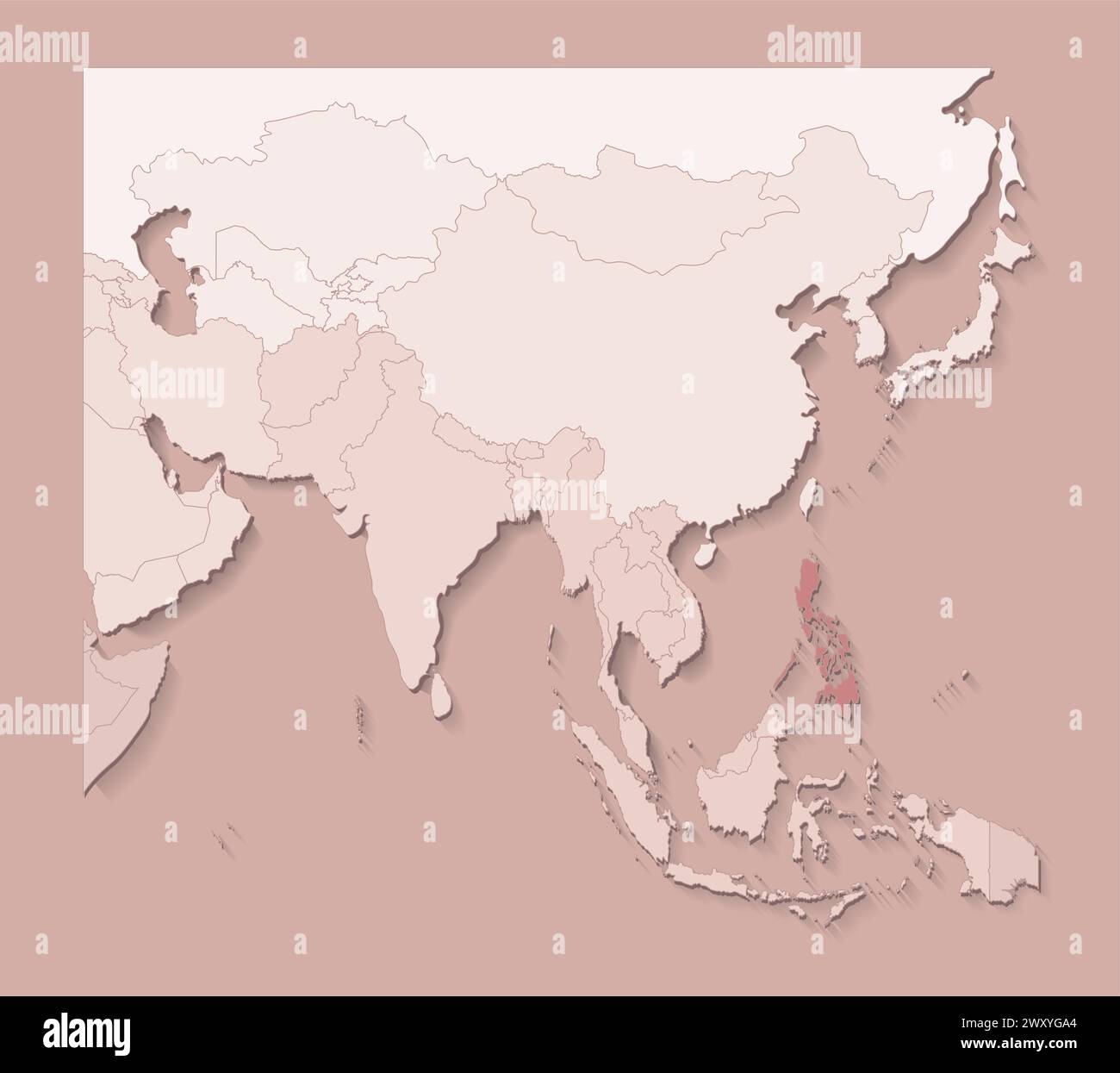 Illustrazione vettoriale con aree asiatiche con confini di stati e paesi contrassegnati Filippine. Mappa politica di colore marrone con regioni. Beige backgrou Illustrazione Vettoriale