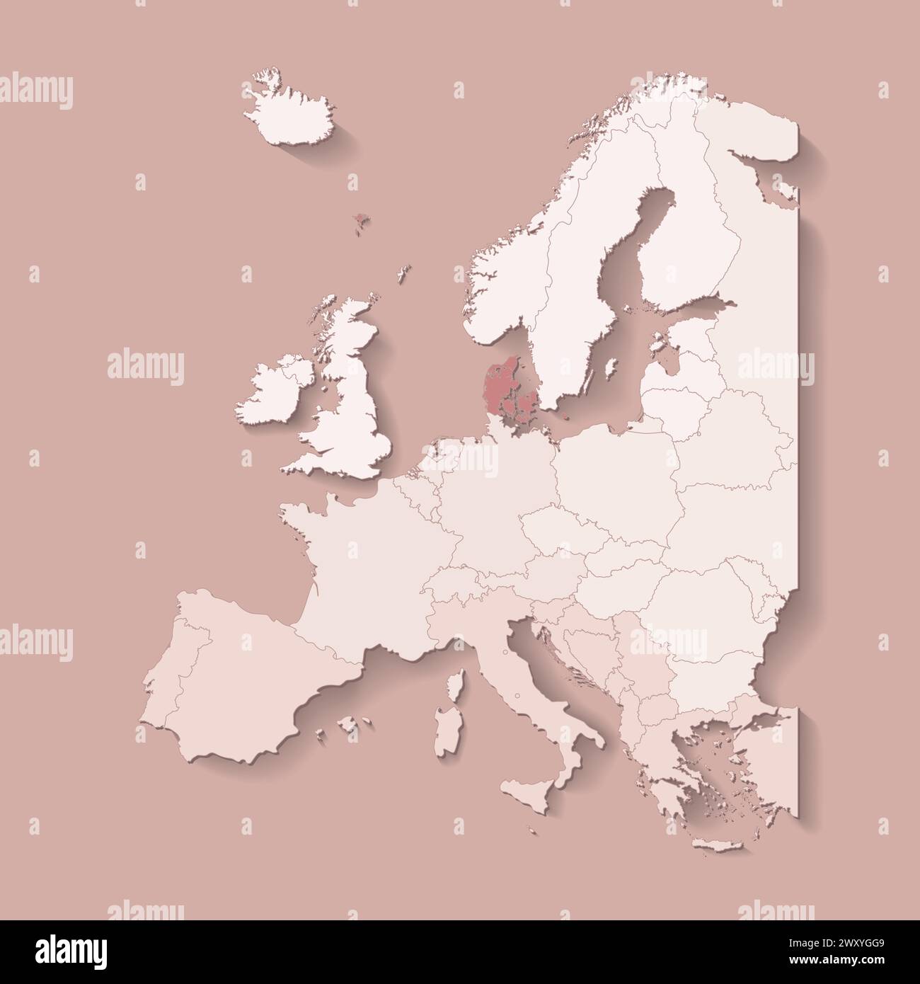 Illustrazione vettoriale con terra europea con confini di stati e paese contrassegnato Danimarca. Mappa politica di colore marrone con occidentale, sud e così via Illustrazione Vettoriale