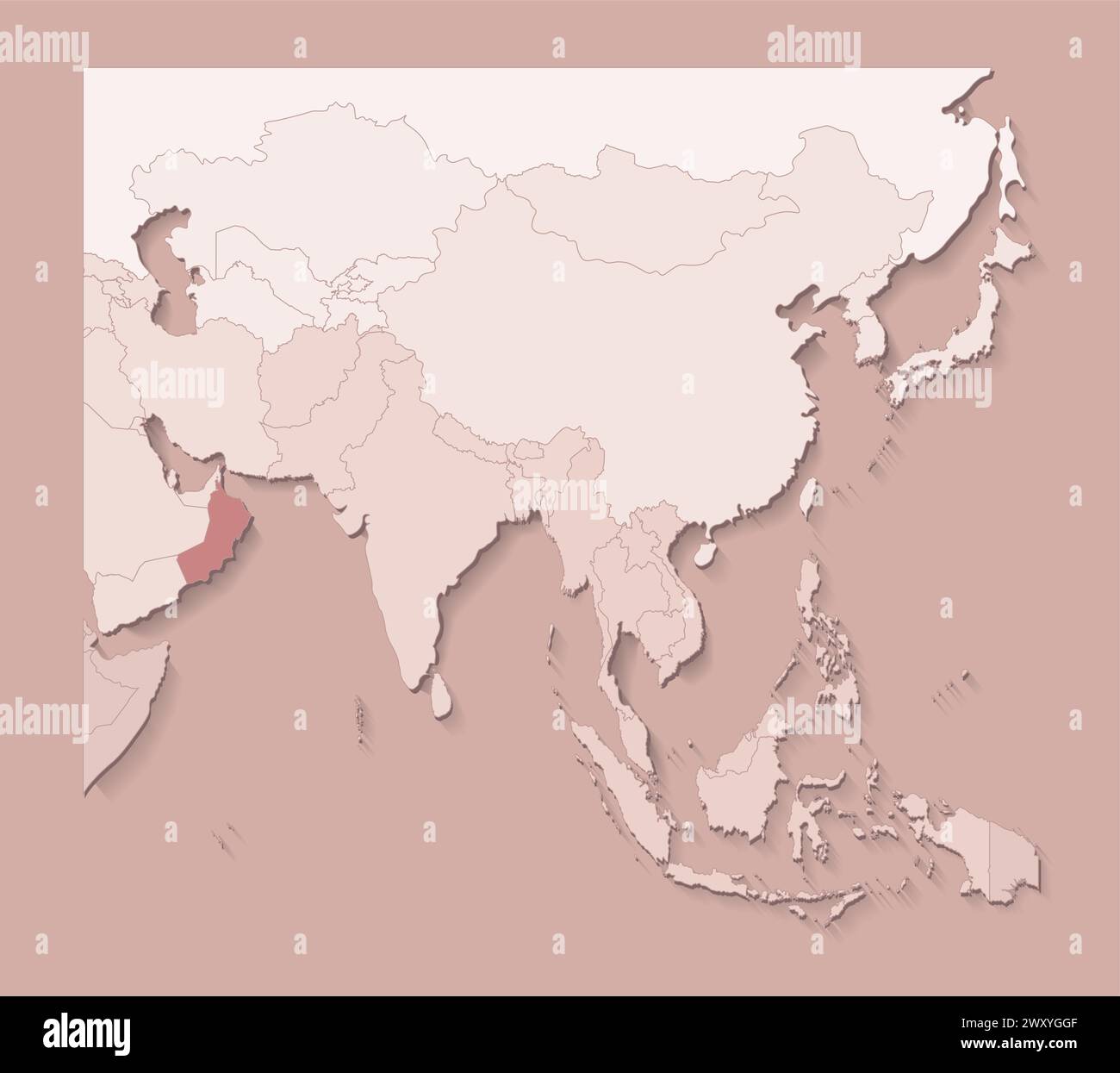 Illustrazione vettoriale con aree asiatiche con confini di stati e paese contrassegnato Oman; mappa politica in colori marroni con regioni. Sfondo beige Illustrazione Vettoriale