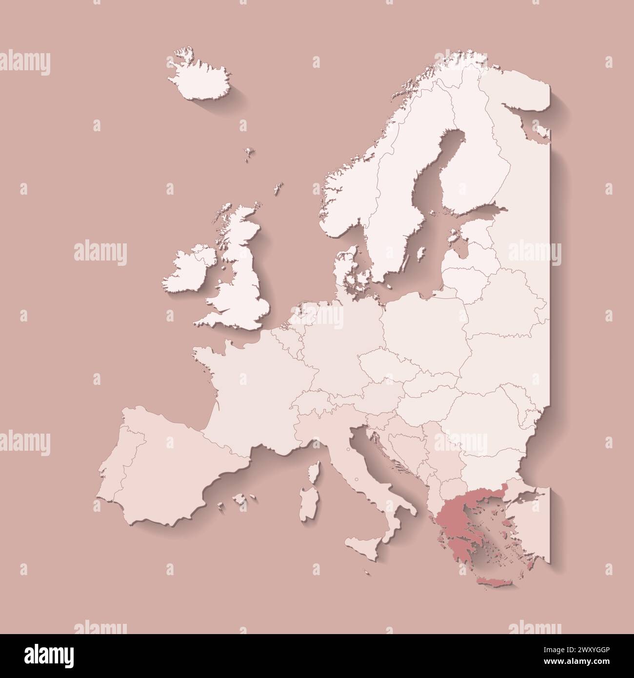 Illustrazione vettoriale con terra europea con confini di stati e paese marcato Grecia. Mappa politica in colori marroni con occidentale, sud e così via Illustrazione Vettoriale