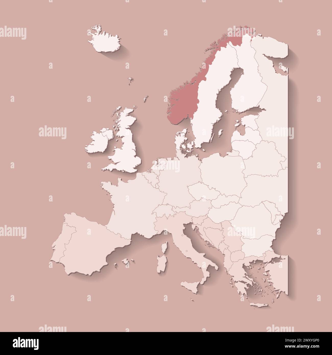 Illustrazione vettoriale con terra europea con confini di stati e paese contrassegnato Norvegia. Mappa politica in colori marroni con occidentale, sud e così via Illustrazione Vettoriale