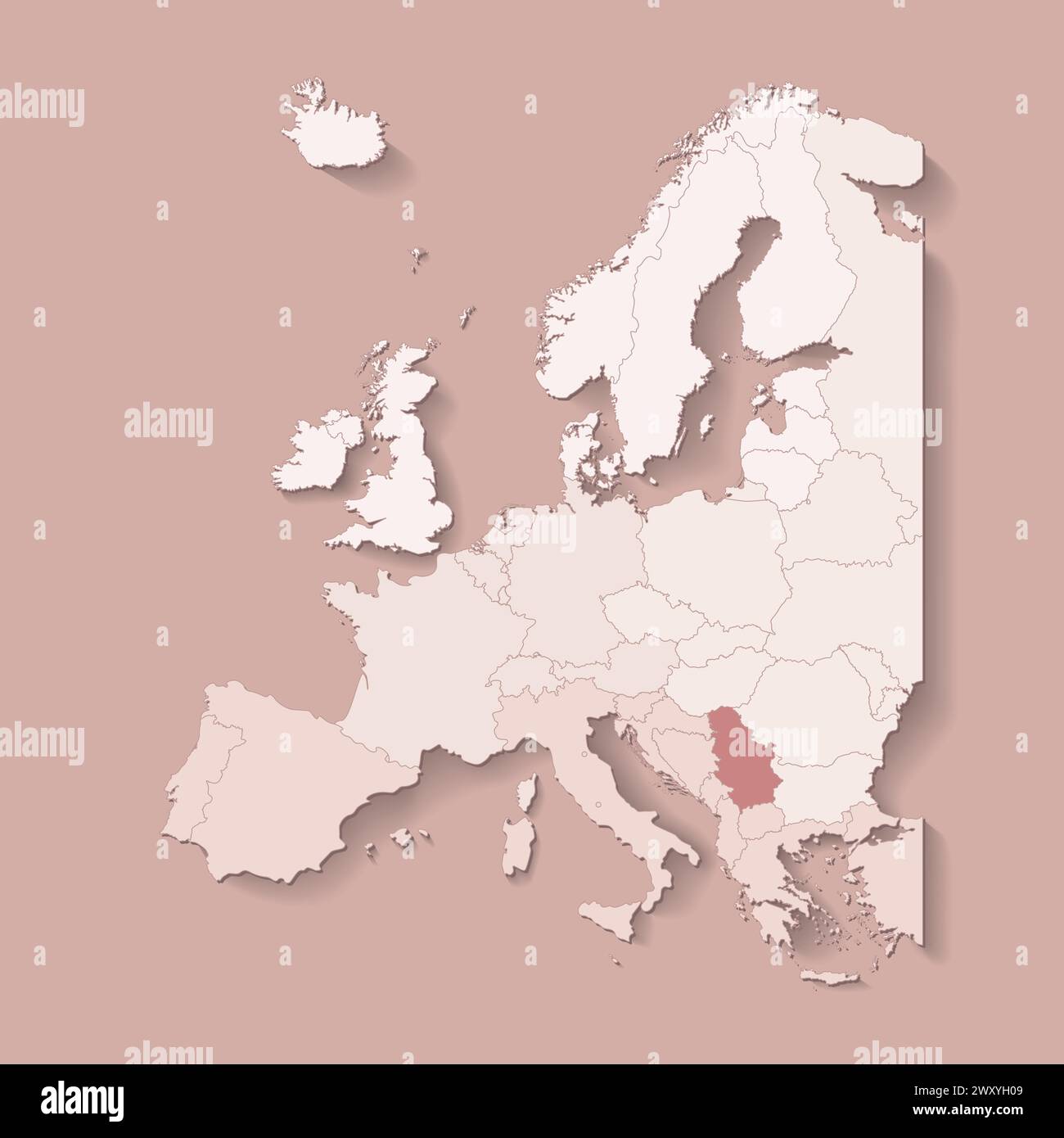Illustrazione vettoriale con terra europea con confini di stati e paese contrassegnato Serbia. Mappa politica in colori marroni con occidentale, sud e così via Illustrazione Vettoriale