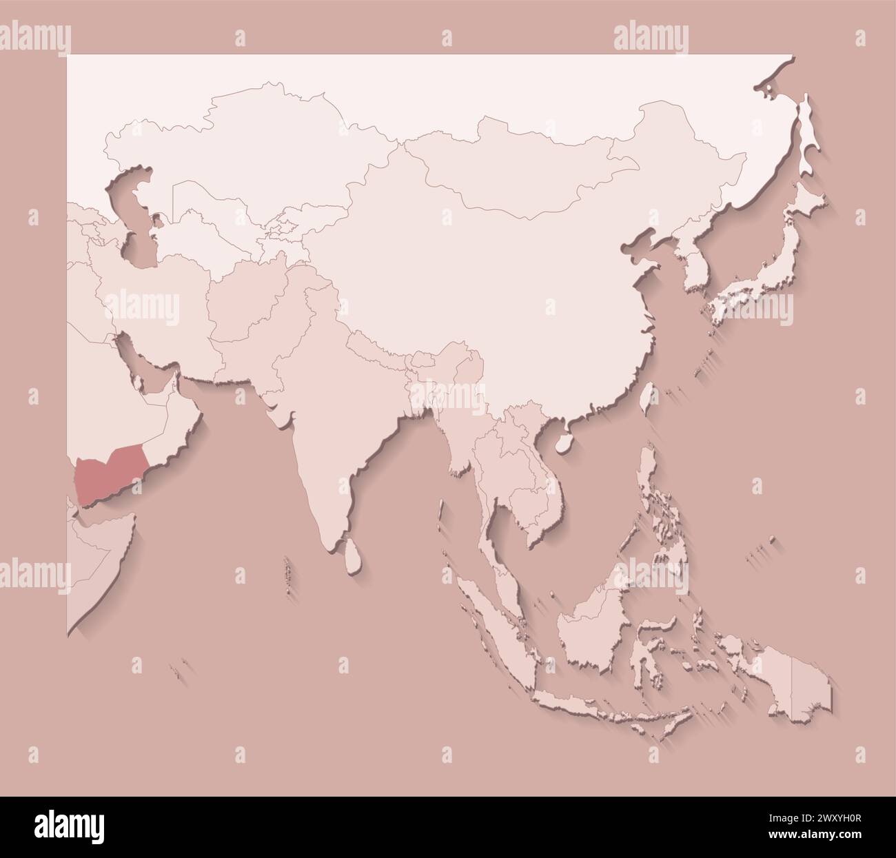 Illustrazione vettoriale con aree asiatiche con confini di stati e paese contrassegnato Yemen. Mappa politica di colore marrone con regioni. Sfondo beige Illustrazione Vettoriale