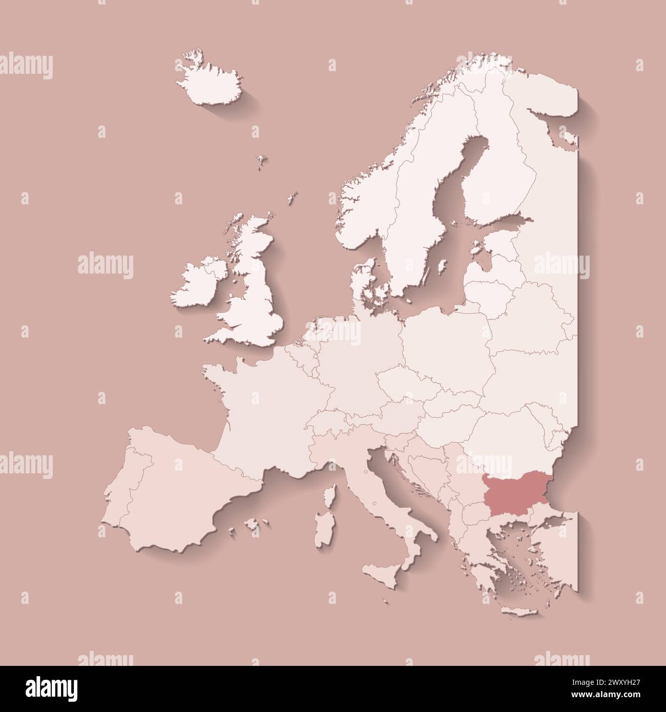 Illustrazione vettoriale con terra europea con confini di stati e paese contrassegnato Bulgaria. Mappa politica di colore marrone con occidentale, sud e così via Illustrazione Vettoriale