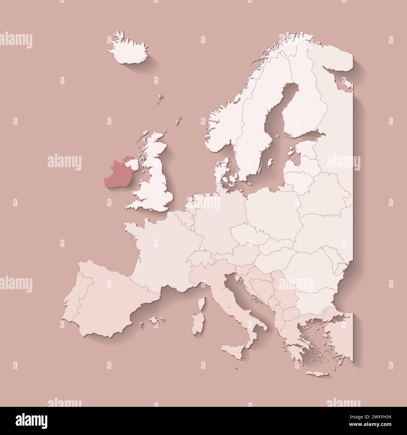Illustrazione vettoriale con terra europea con confini di stati e paese contrassegnato Irlanda. Mappa politica di colore marrone con occidentale, sud e così via Illustrazione Vettoriale