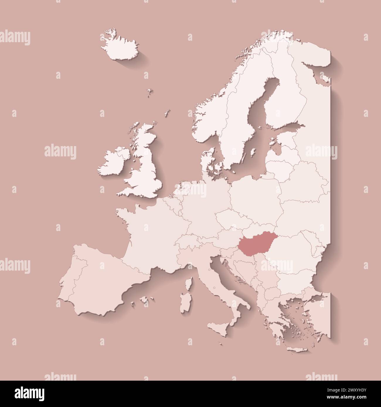 Illustrazione vettoriale con terra europea con confini di stati e paese contrassegnato Ungheria. Mappa politica di colore marrone con occidentale, sud e così via Illustrazione Vettoriale