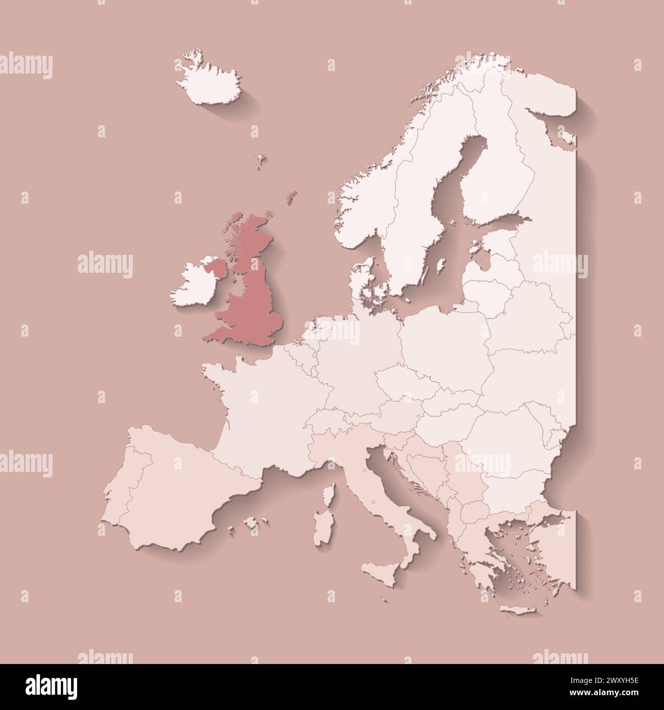 Illustrazione vettoriale con terra europea con confini di stati e paese contrassegnato Regno Unito. Mappa politica del Regno Unito di colore marrone con occidentale, sud Illustrazione Vettoriale