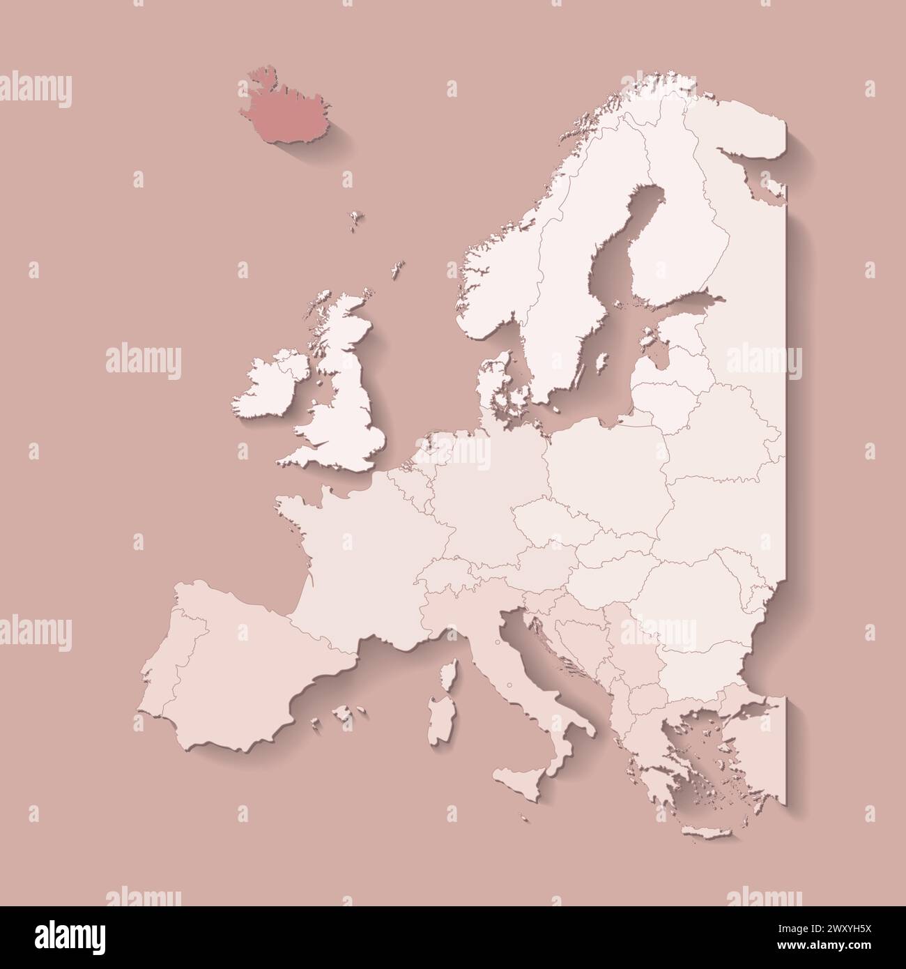Illustrazione vettoriale con terra europea con confini di stati e paese contrassegnato Islanda. Mappa politica di colore marrone con occidentale, sud e così via Illustrazione Vettoriale