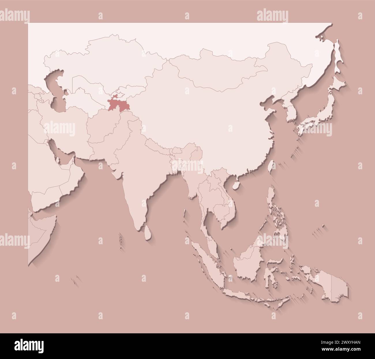 Illustrazione vettoriale con aree asiatiche con confini di stati e paese contrassegnato Tagikistan. Mappa politica di colore marrone con regioni. Backgroun beige Illustrazione Vettoriale