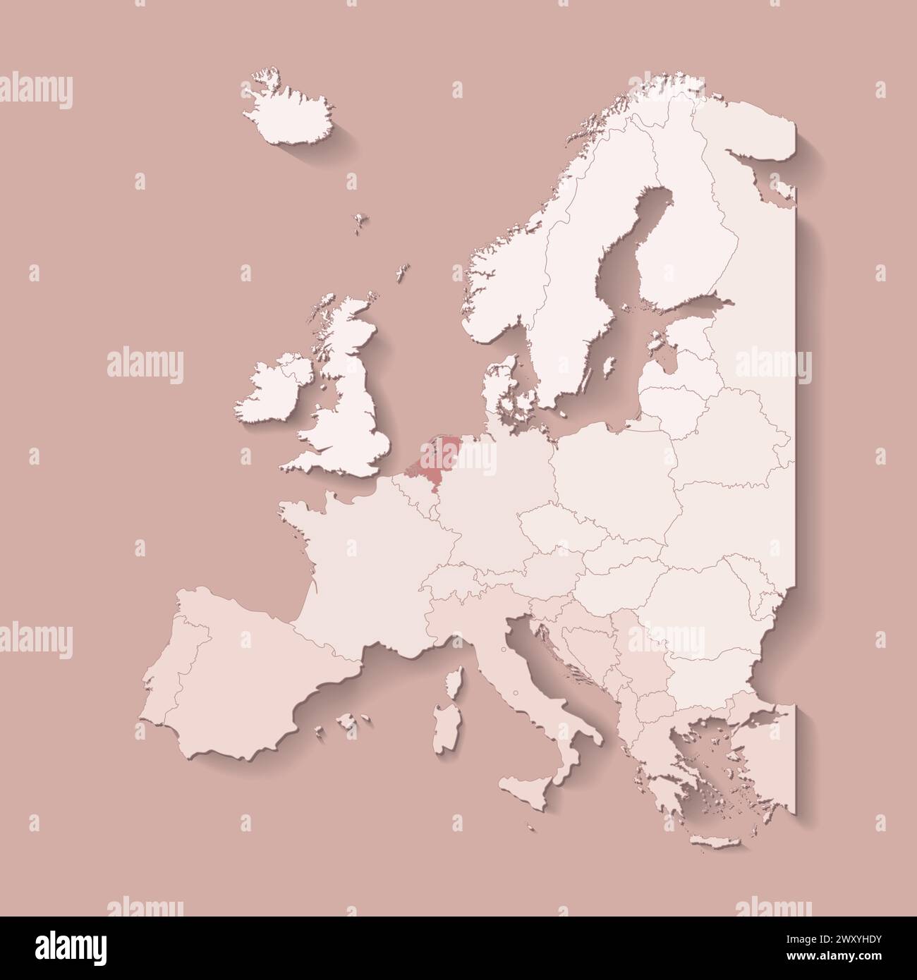 Illustrazione vettoriale con terra europea con confini di stati e paese contrassegnato Paesi Bassi. Mappa politica di colore marrone con occidentale, sud e così via Illustrazione Vettoriale