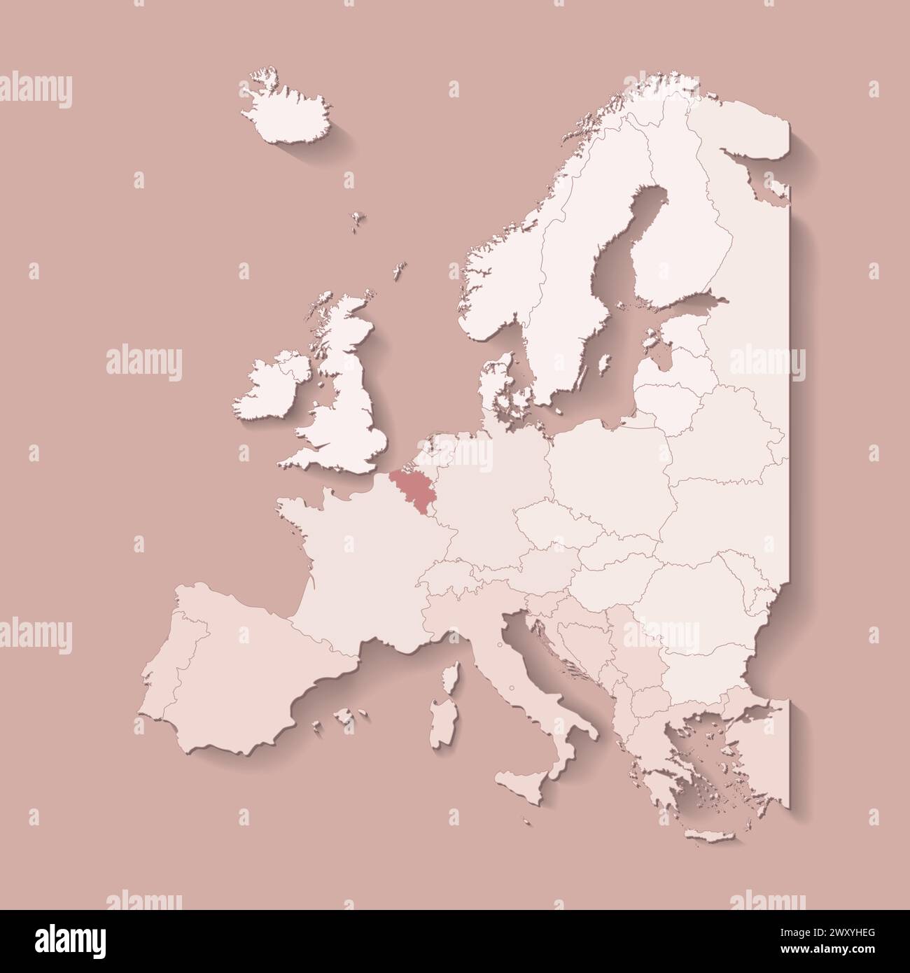 Illustrazione vettoriale con terra europea con confini di stati e paese contrassegnato Belgio. Mappa politica di colore marrone con occidentale, sud e così via Illustrazione Vettoriale