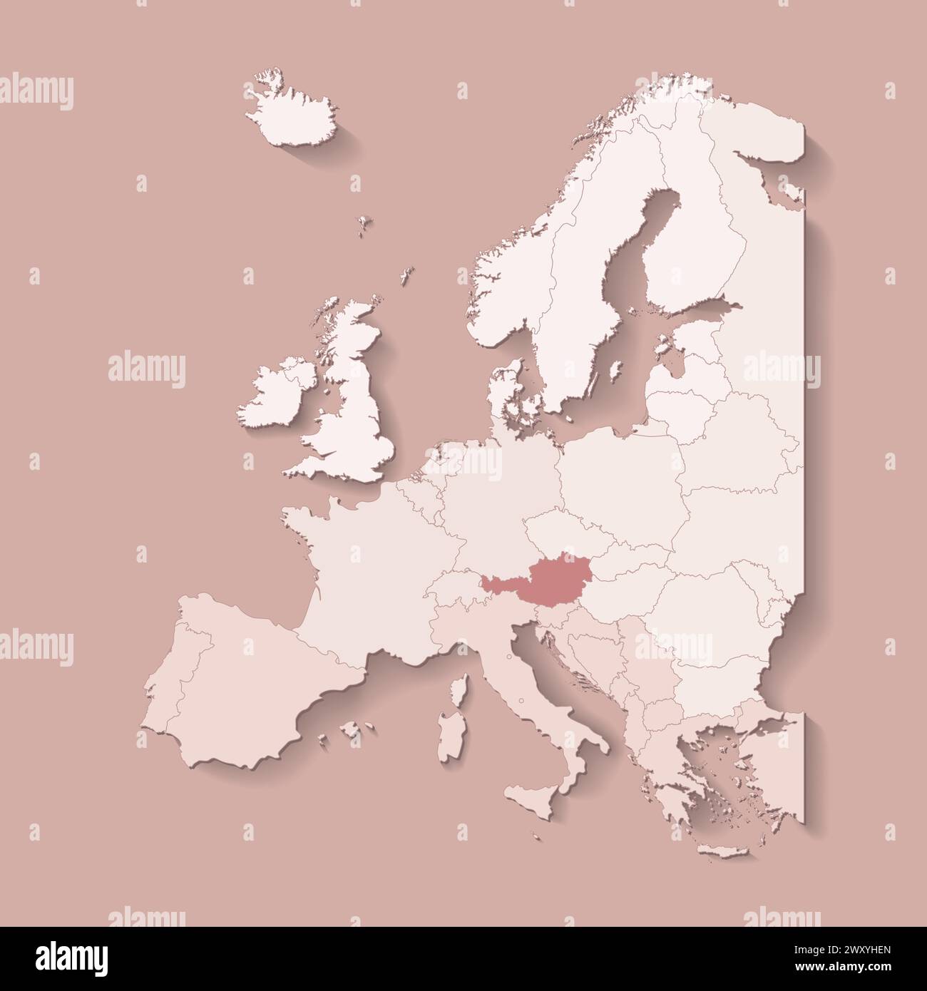 Illustrazione vettoriale con terra europea con confini di stati e paese contrassegnato Austria. Mappa politica di colore marrone con occidentale, sud e così via Illustrazione Vettoriale