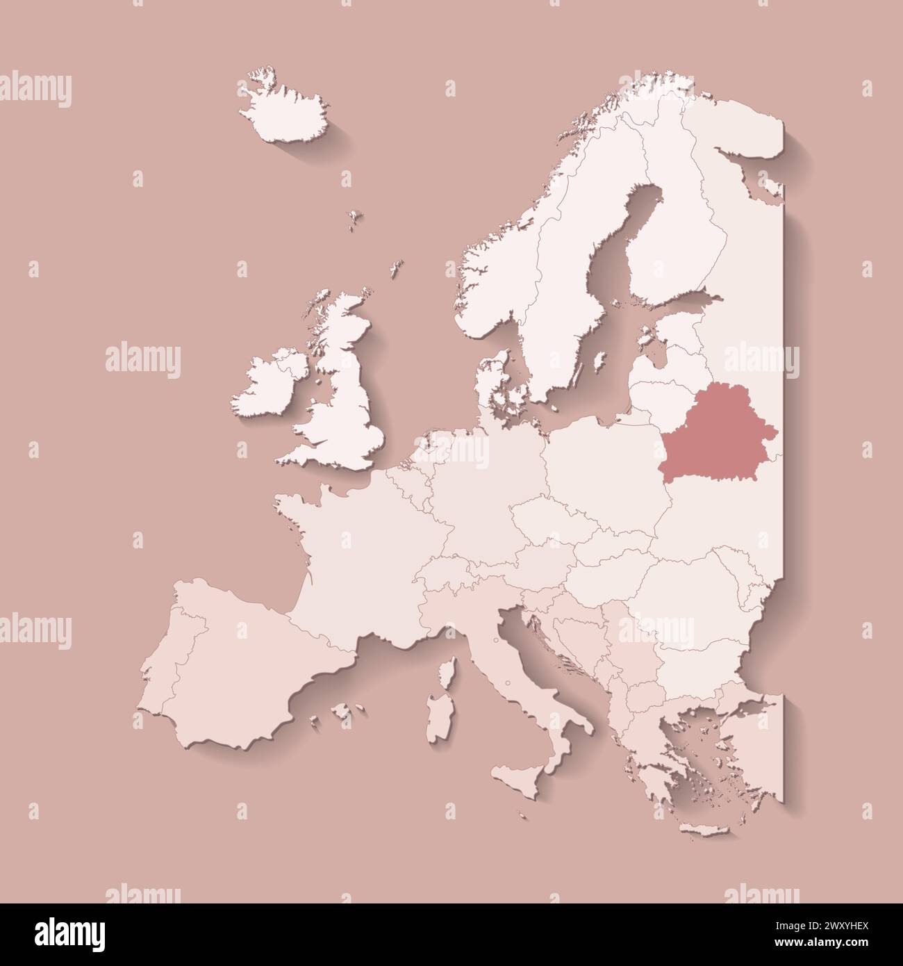 Illustrazione vettoriale con terra europea con confini di stati e paese contrassegnato Bielorussia. Mappa politica di colore marrone con occidentale, sud e così via Illustrazione Vettoriale