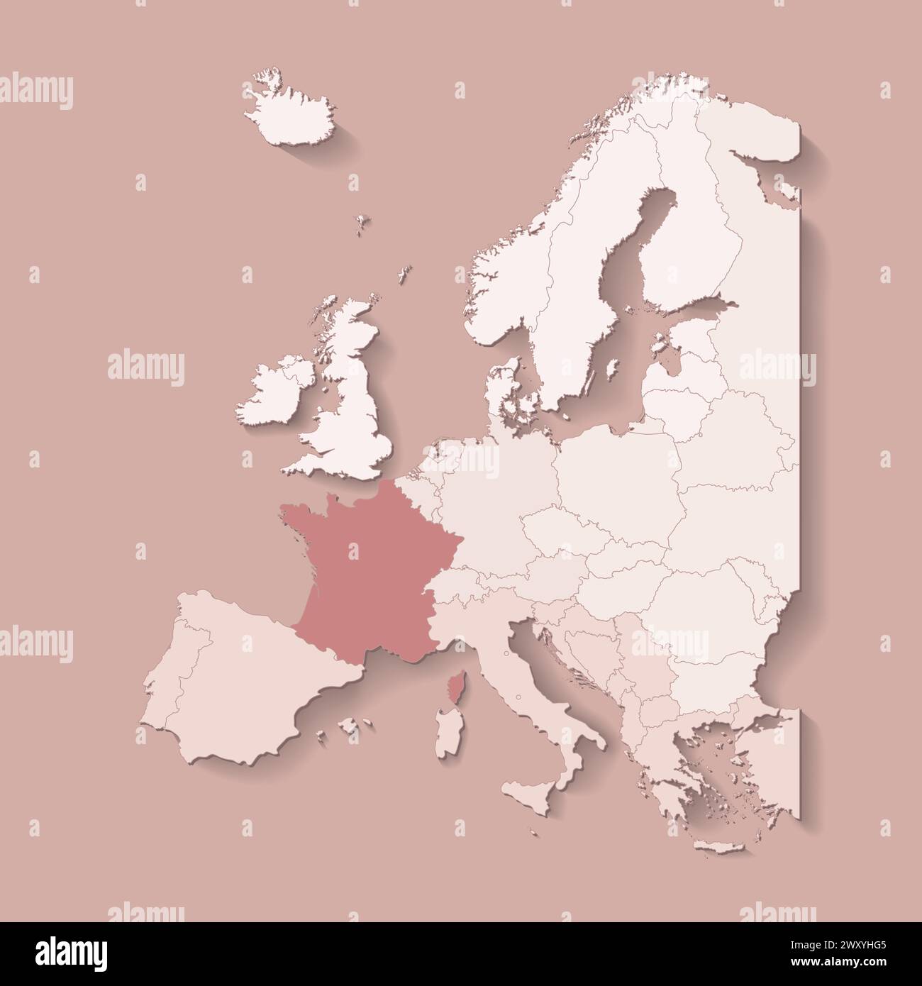 Illustrazione vettoriale con terra europea con confini di stati e paese contrassegnato Francia. Mappa politica in colori marroni con occidentale, sud e così via Illustrazione Vettoriale