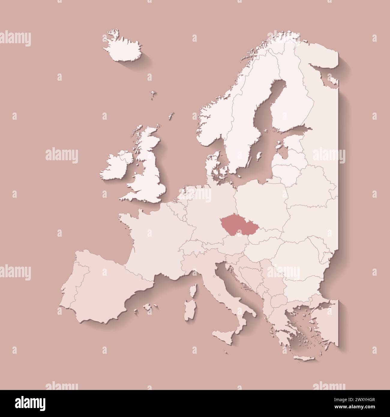 Illustrazione vettoriale con terra europea con confini di stati e paese contrassegnato Repubblica Ceca. Mappa politica di colore marrone con occidentale, sud e. Illustrazione Vettoriale