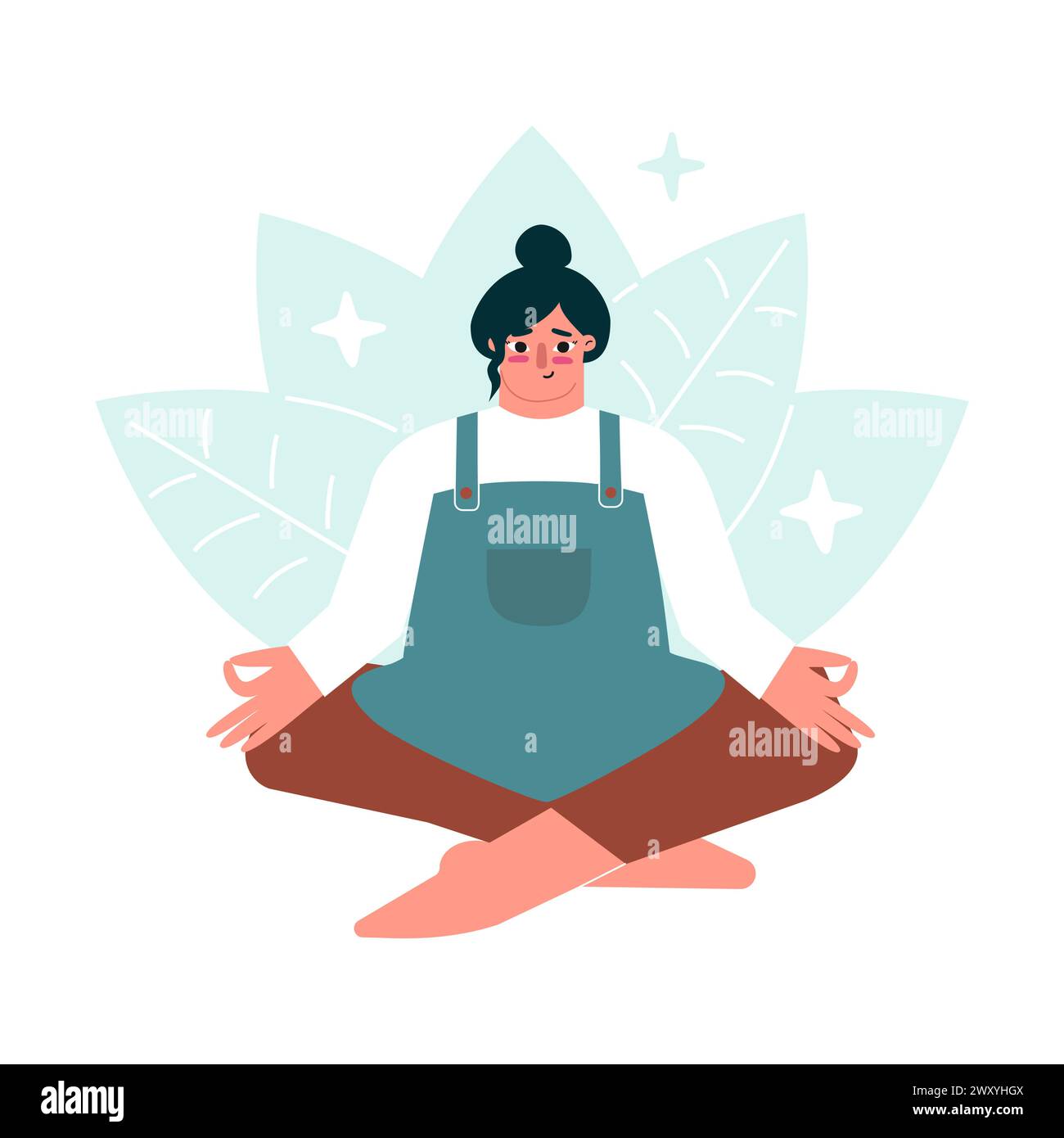 Illustrazione piatta vettoriale con loto, personaggio femminile in posa di meditazione. La donna è felice, sente armonia, ama l'hobby per coltivare piante, fiori a casa Illustrazione Vettoriale