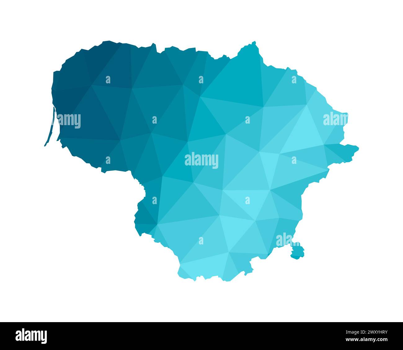 Icona di illustrazione vettoriale isolata con sagoma blu semplificata della mappa della Lituania. Stile geometrico poligonale, forme triangolari. Sfondo bianco. Illustrazione Vettoriale