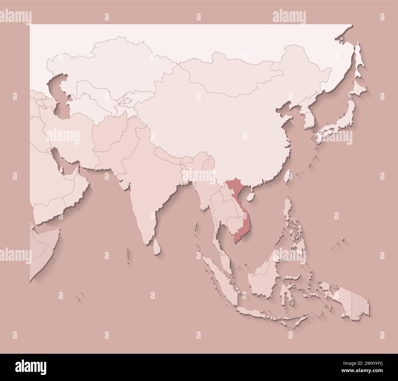 Illustrazione vettoriale con aree asiatiche con confini di stati e paese contrassegnato Vietnam. Mappa politica di colore marrone con regioni. Sfondo beige Illustrazione Vettoriale