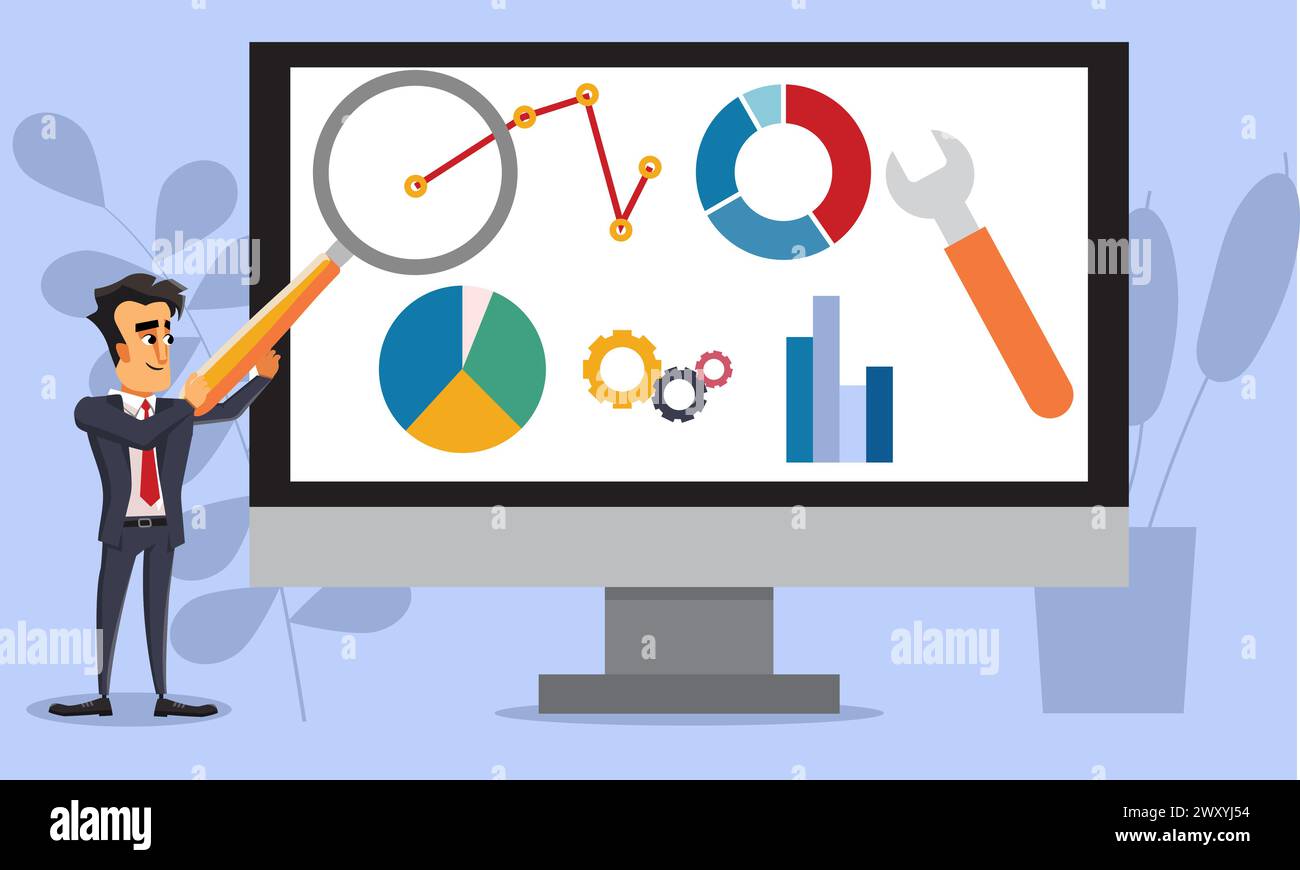 Uomo d'affari che guarda alla ricerca di dati di analisi basata sul Web, vettore piatto Illustrazione Vettoriale