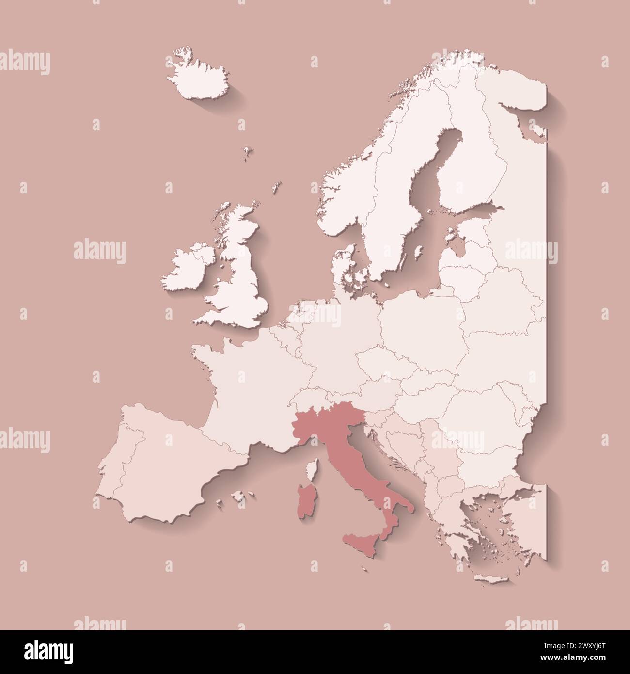 Illustrazione vettoriale con terra europea con confini di stati e paese contrassegnato Italia. Mappa politica in colori marroni con l'occidentale, il sud e ecc. regi Illustrazione Vettoriale