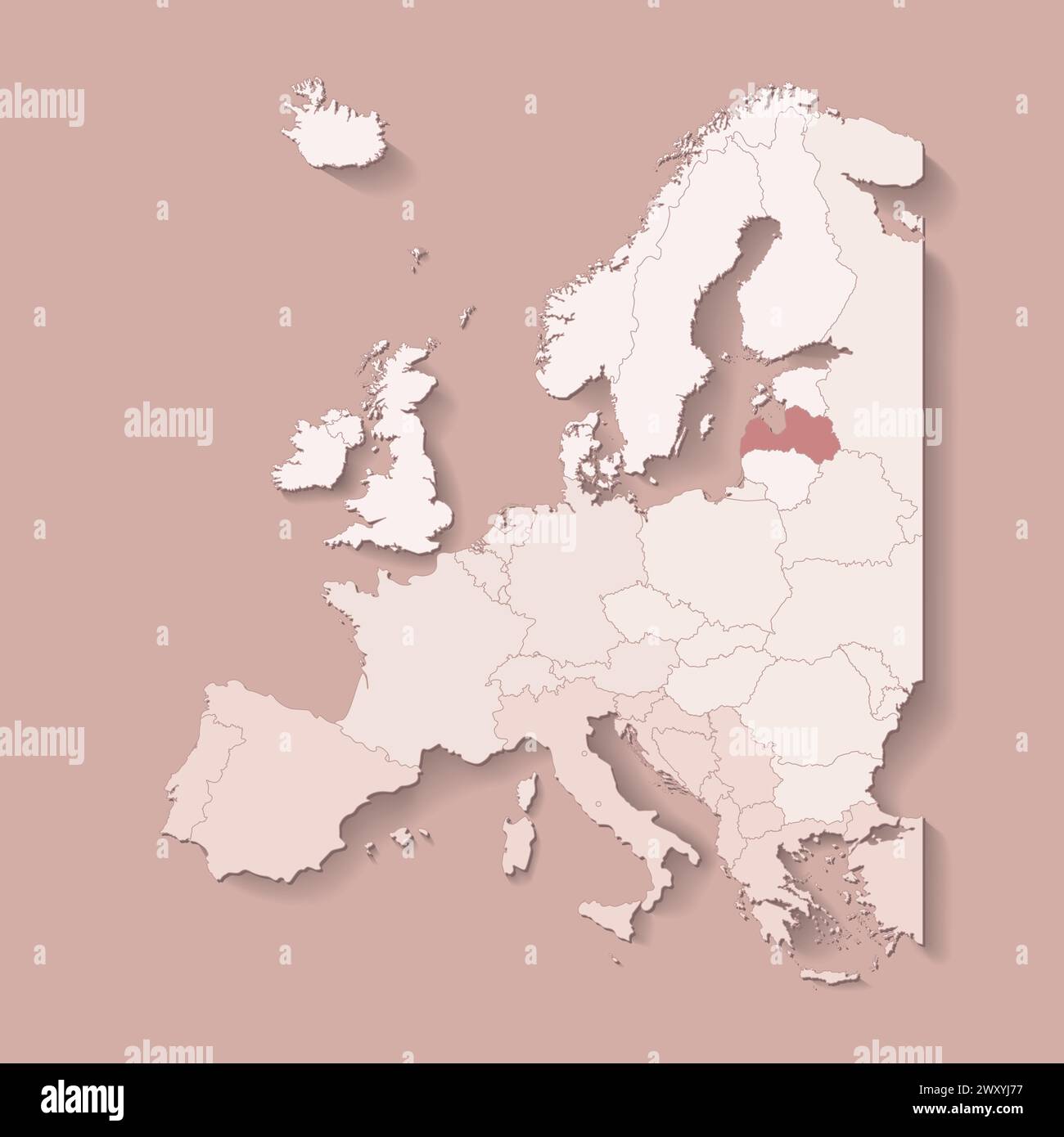 Illustrazione vettoriale con terra europea con confini di stati e paese contrassegnato Lettonia. Mappa politica in colori marroni con occidentale, sud e così via Illustrazione Vettoriale