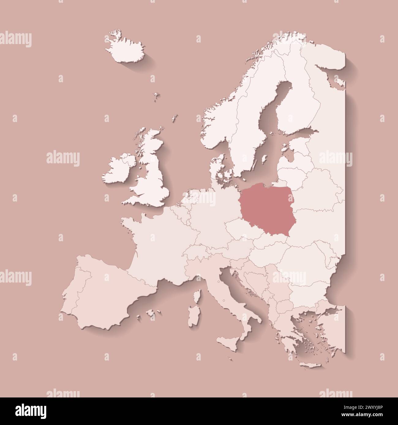Illustrazione vettoriale con terra europea con confini di stati e paese contrassegnato Polonia. Mappa politica in colori marroni con occidentale, sud e così via Illustrazione Vettoriale
