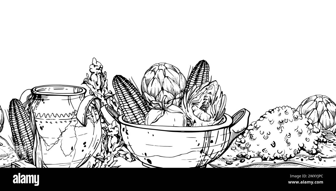 Illustrazione del vettore di inchiostro disegnato a mano, pentola di cottura ceramica stufato di verdure mais quinoa, striscione della cucina sudamericana senza cuciture isolato su bianco Illustrazione Vettoriale