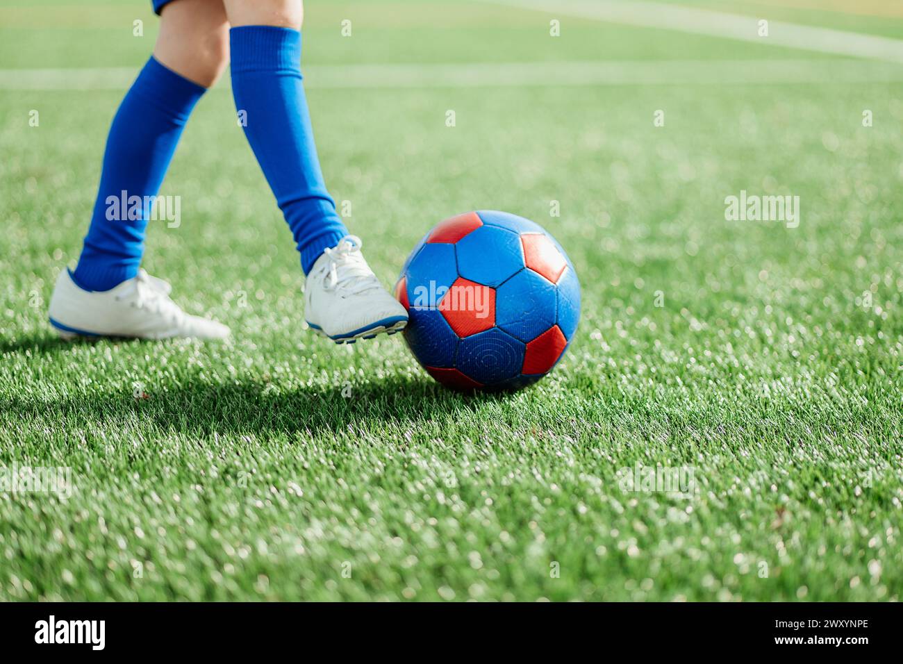 Le gambe di un giocatore di calcio in calze blu e scarpe bianche, che stanno per calciare una palla da calcio rossa e blu su un campo verde lussureggiante Foto Stock