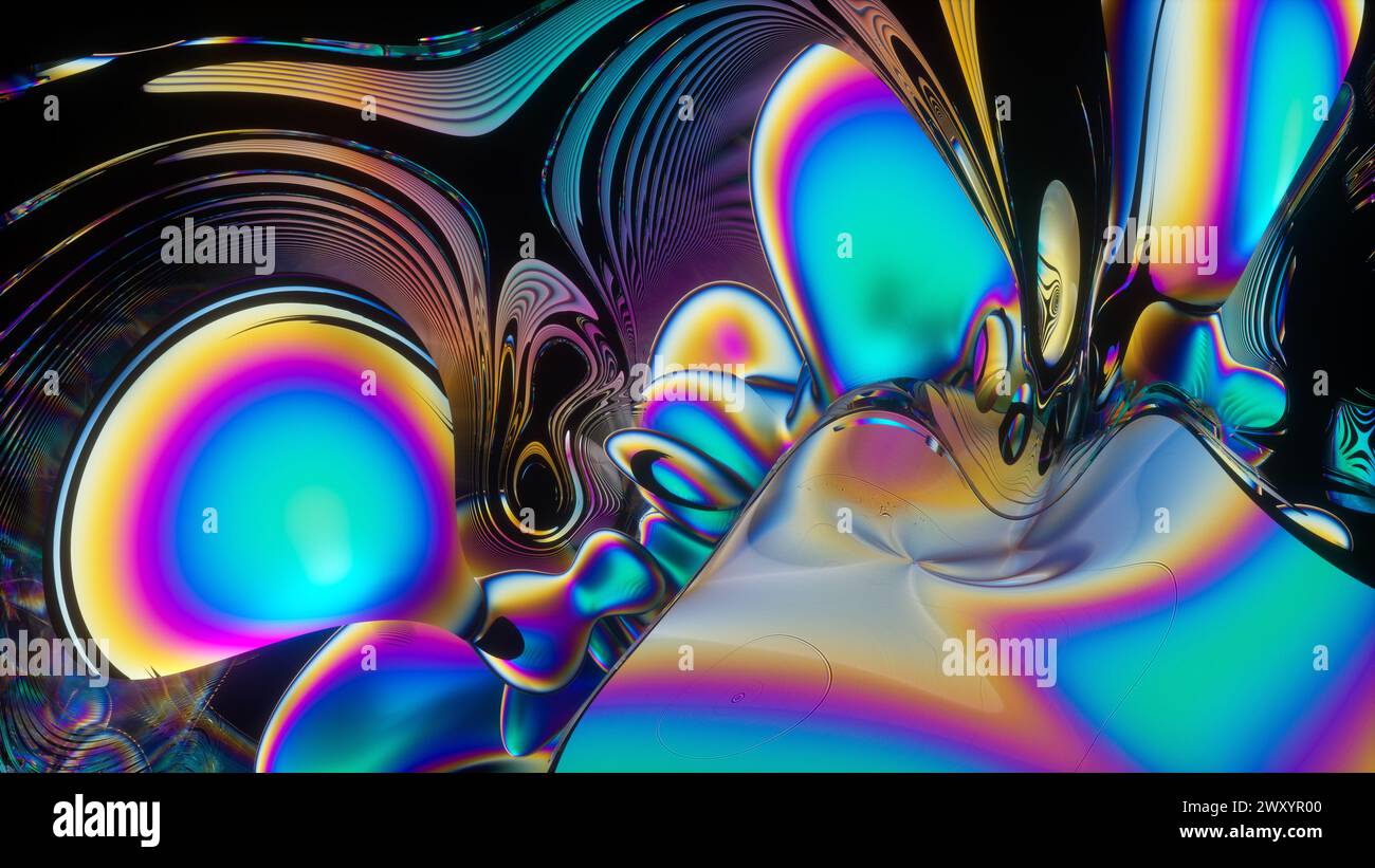 Un'immagine di fantasie colorate e astratte simili a quelle di un liquido che ricorda un'esperienza psichedelica, con un vivido spettro di colori arcobaleno Foto Stock