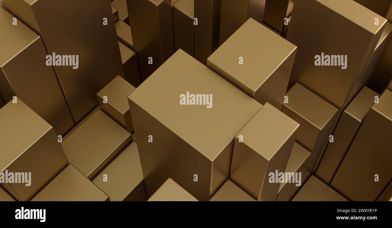 Rendering 3D astratto di cubi a griglia marrone strutturati con altezze variabili che creano un pattern geometrico Foto Stock