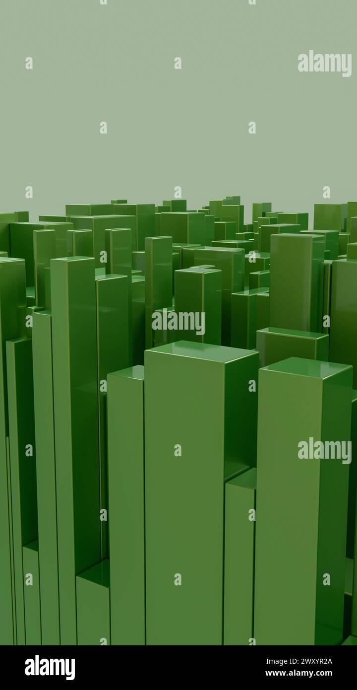 Una moltitudine di cubi verdi di altezza variabile che creano un motivo astratto simile a una griglia che forma uno sfondo moderno e pulito Foto Stock