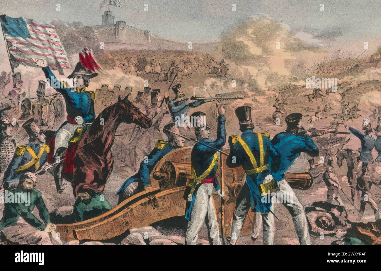 La battaglia di Cerro Gordo, o battaglia di Sierra Gordo, fu uno scontro nella guerra messicano-statunitense del 18 aprile 1847. La battaglia vide le truppe statunitensi di Winfield Scott aggirare il più grande esercito messicano di Antonio López de Santa Anna, allontanandolo da una forte posizione difensiva. Foto Stock