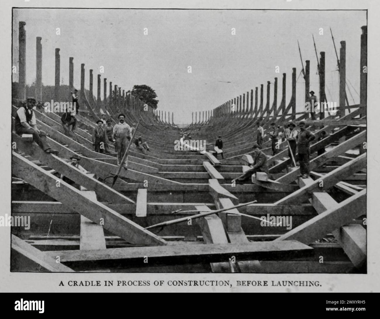 UNA CULLA IN FASE DI COSTRUZIONE, PRIMA DEL LANCIO. Dall'articolo ZATTERE MARITTIME SUL PACIFICO. Di Edwai'd K. Bishop, della rivista Engineering dedicata al progresso industriale volume XVI ottobre 1898 - marzo 1899 The Engineering Magazine Co Foto Stock