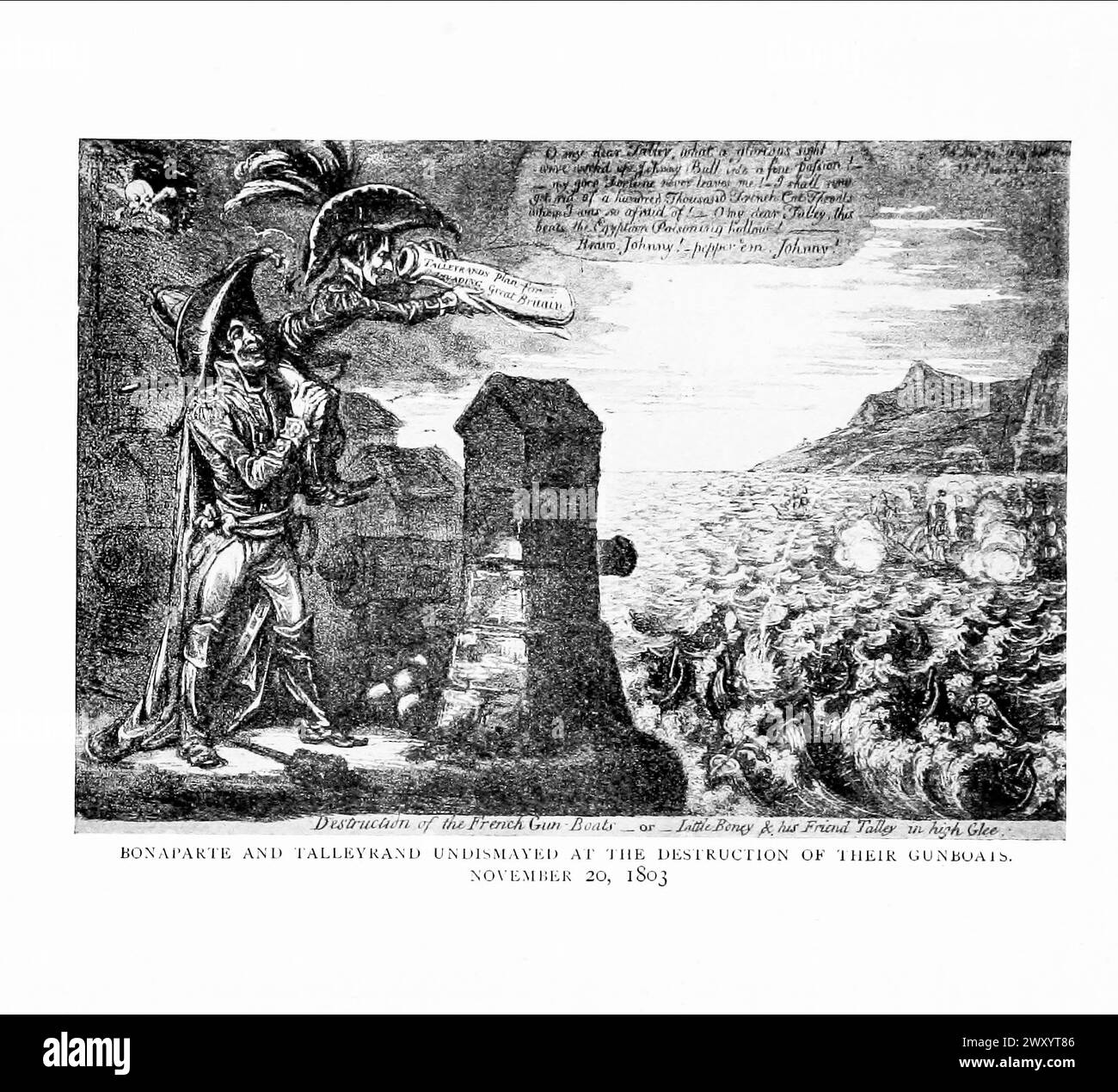 Bonaparte e Talleyrand non disprezzati per la distruzione delle loro cannoniere. 20 novembre 1803 Napoleone e l'invasione dell'Inghilterra : la storia del grande terrore Charles-Maurice de Talleyrand-Périgord (/ˌtælɪrænd ˈpɛrɪɡɔːr/,[1] francese: [ʃaʁl mɔʁis də tal(ɛ)ʁɑ̃ peʁiɡɔʁ, – moʁ-]; 2 febbraio 1754 – 17 maggio 1838), i Principe di Benevento, allora Principe di Talleyrand, fu un sacerdote secolarizzato francese, statista e diplomatico di spicco. Foto Stock