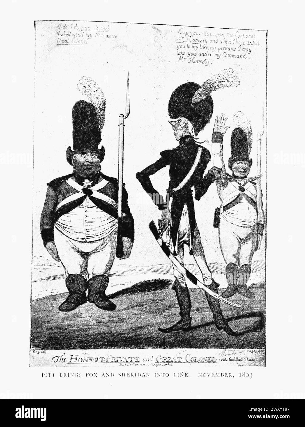 Pitt mette Fox e Sheridan in fila. Novembre 1803 Napoleone e l'invasione dell'Inghilterra: la storia del grande terrore William Pitt il giovane (28 maggio 1759 – 23 gennaio 1806) è stato uno statista britannico, il più giovane e ultimo primo ministro della Gran Bretagna dal 1783 fino agli atti di Unione del 1800 e poi primo ministro del Regno Unito dal gennaio 1801. Foto Stock