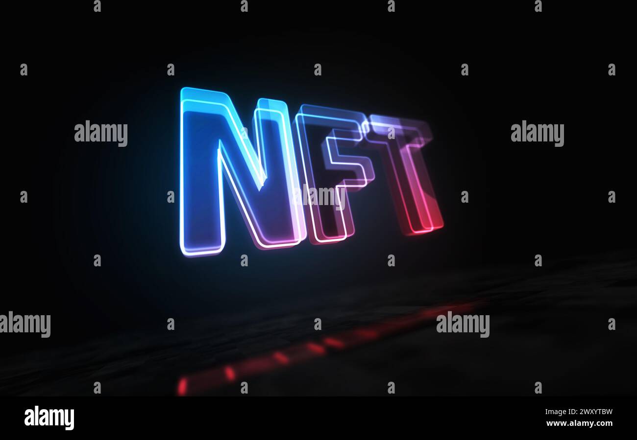 Token non fungibile NFT grafica crittografica simbolo di investimento concetto astratto digitale vetro olografico. Tecnologia informatica e oggetto 3d di sfondo del computer Foto Stock
