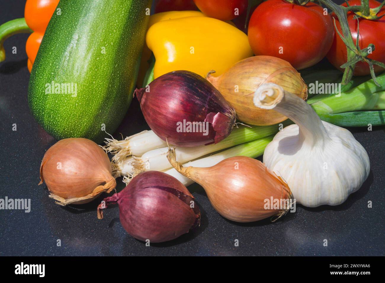 Verdure raccolte dall'orto: Peperoni, porri, pomodori, zucchine, cipolle e aglio Foto Stock