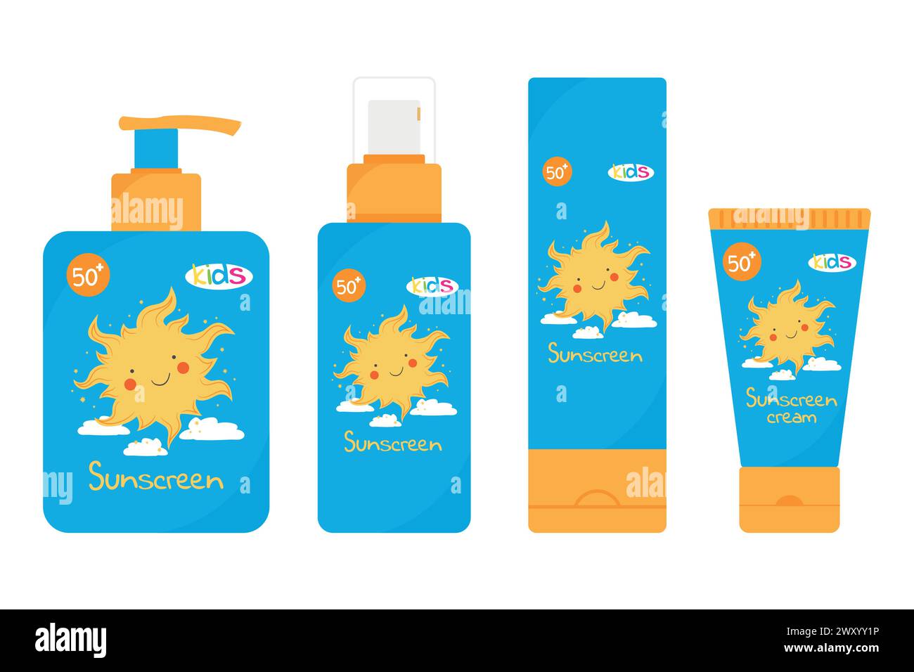 Prodotti per la protezione solare per bambini. Disegna con un bel sole. SPF 50 panna, spray, lozione, latte. Illustrazione vettoriale Illustrazione Vettoriale