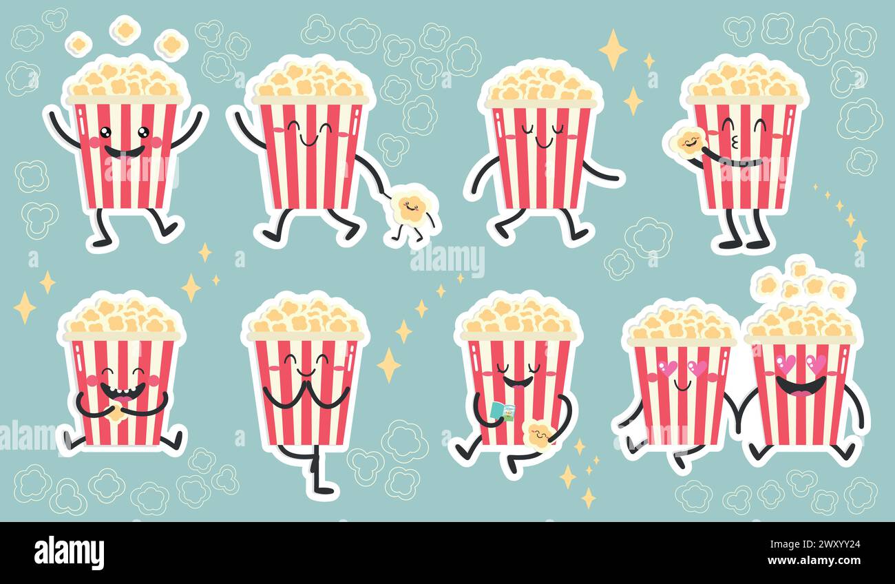 Simpatici personaggi di popcorn dei cartoni animati. Simpatici secchi di popcorn e bambini. Stile piatto. Illustrazione vettoriale Illustrazione Vettoriale