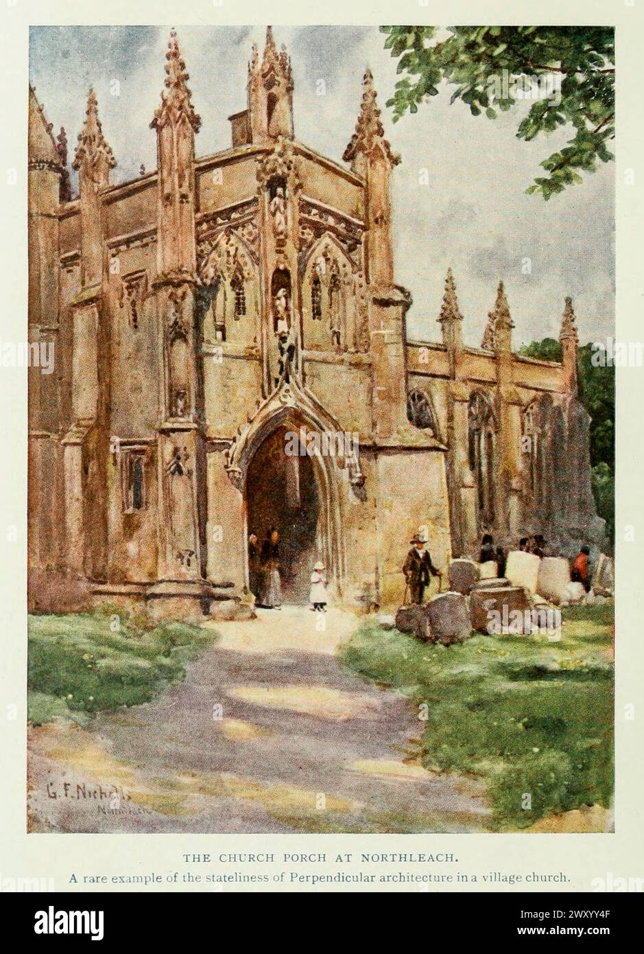 Church Porch at Northleach 1911 Gordon Cochrane Home (25 luglio 1878 – 13 dicembre 1969) è stato un paesaggista, scrittore e illustratore inglese. Northleach è una città commerciale ed ex parrocchia civile, ora nella parrocchia di Northleach con Eastington, nel distretto di Cotswold, nel Gloucestershire, in Inghilterra. Foto Stock