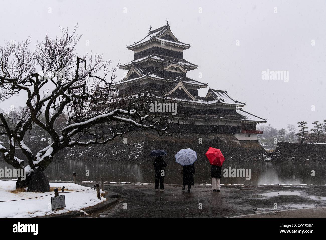 Matsumoto, Giappone - febbraio 25 2024: La gente gode della vista del famoso castello di Matsumoto sotto una nevicata nelle alpi giapponesi in inverno. Foto Stock