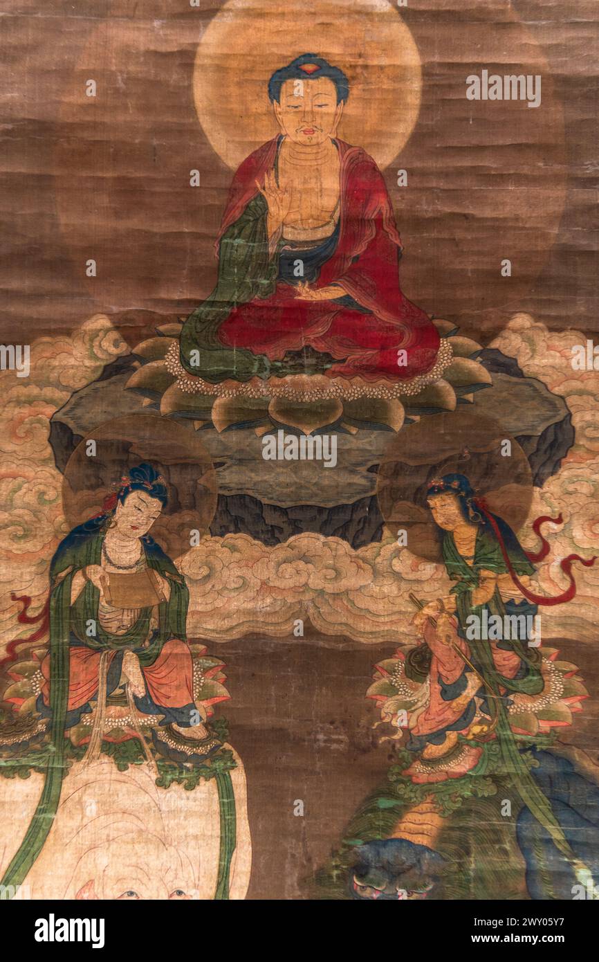 Tokyo, Giappone - 06 febbraio 2024: Pittura di Buddha risalente al XIV secolo esposta all'interno del Museo Nazionale di Tokyo a Ueno. Foto Stock