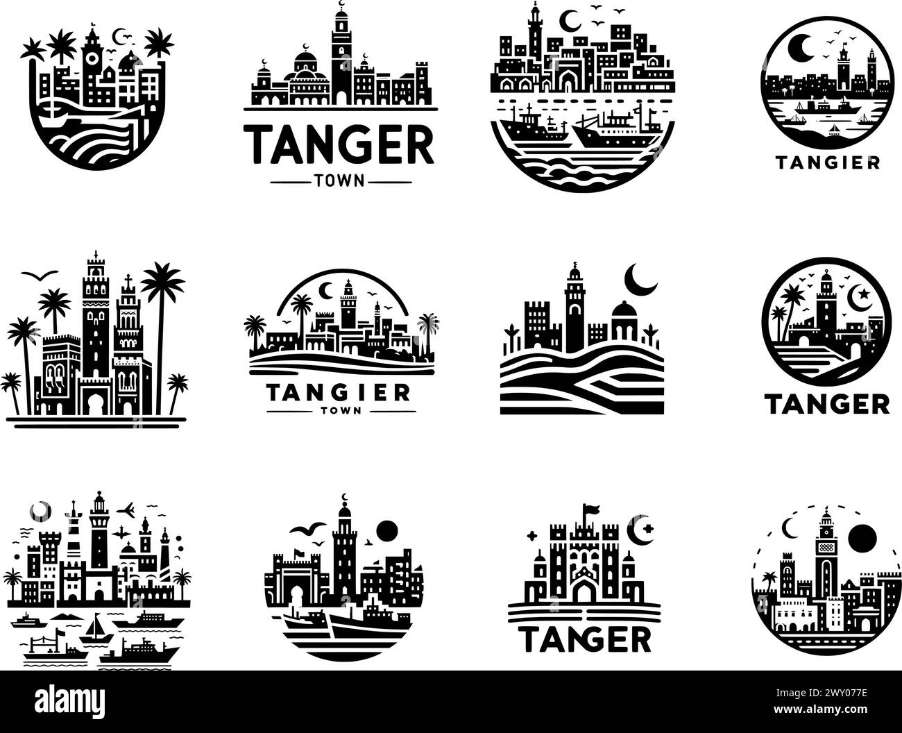 Icone e pittogrammi della silhouette di Tanja/Tangeri/Tanger Vector Illustrazione Vettoriale