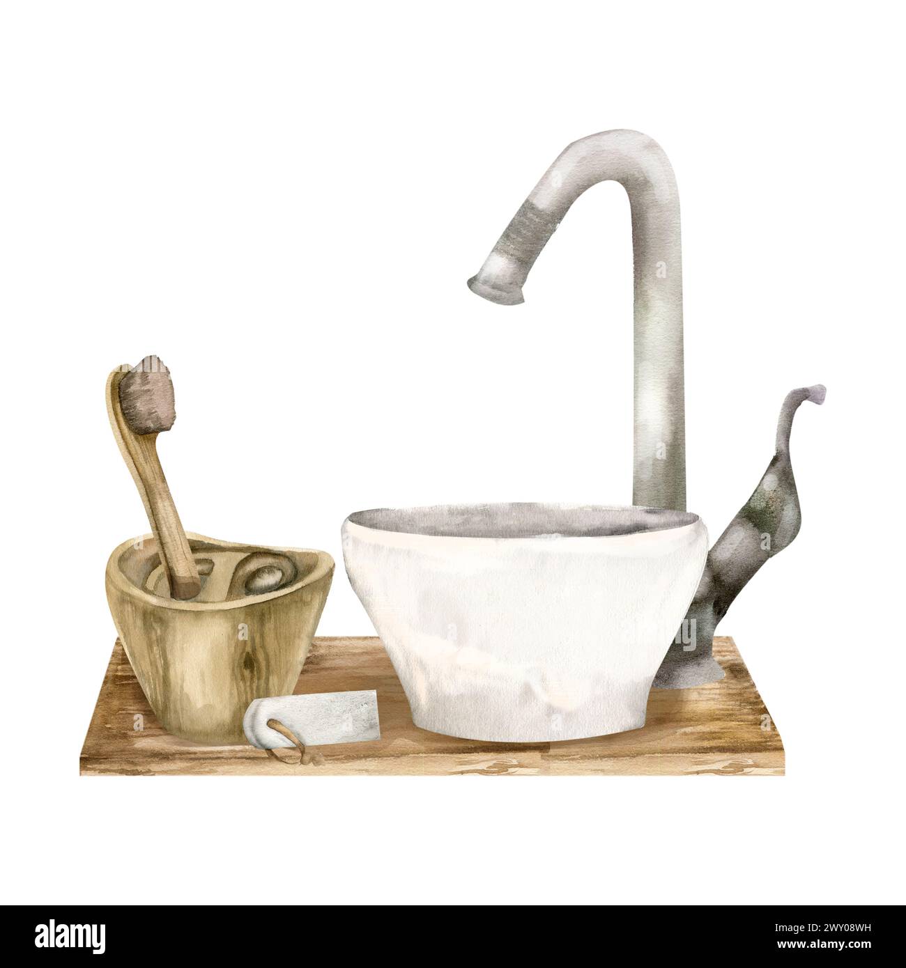 Composizione bagno con lavello bianco, rubinetto argento su tavolo in legno con spazzolino in bambù senza sprechi in tazza di legno. Arredamento accogliente. Interno del bagno Foto Stock