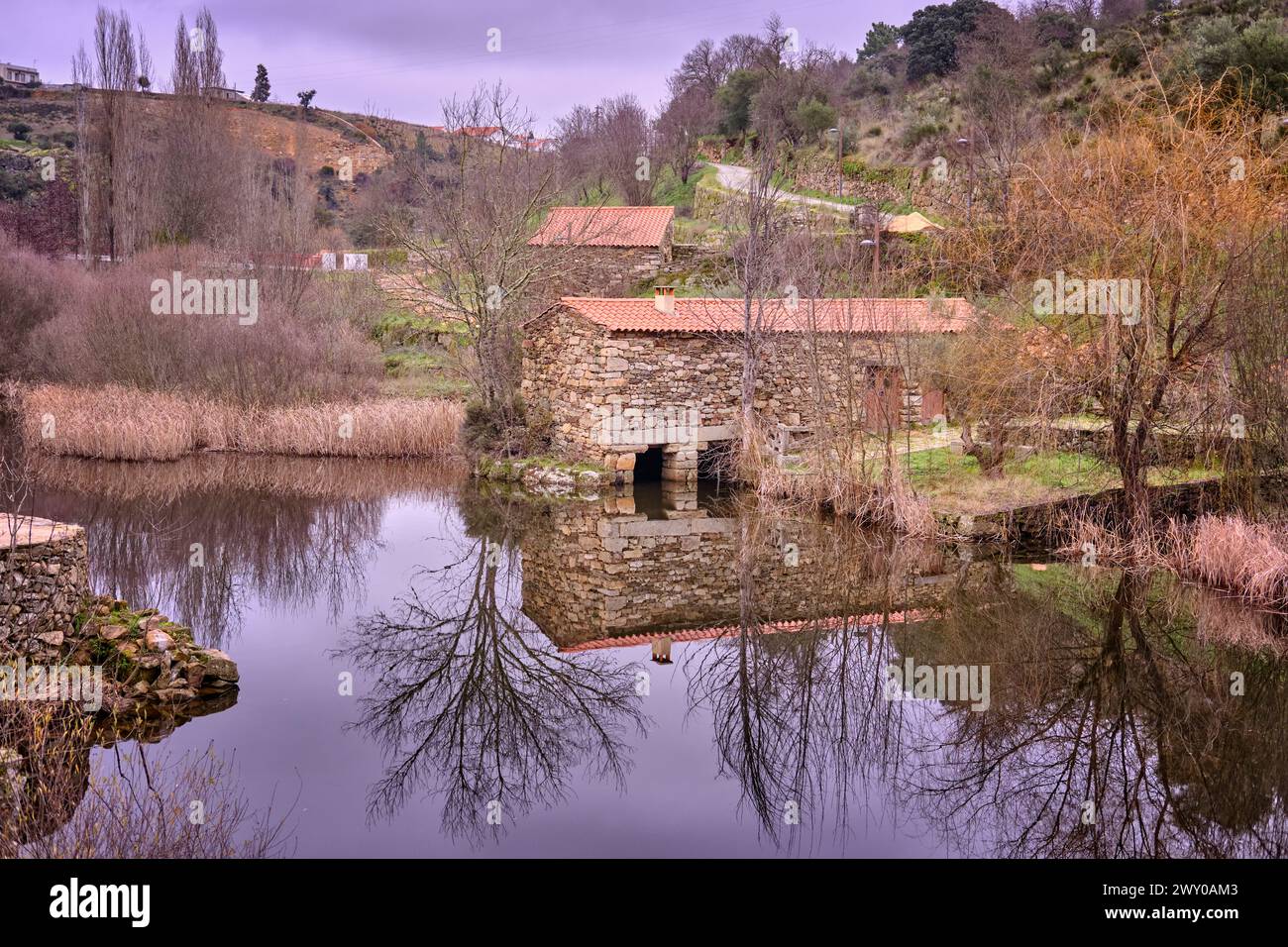 Vecchio mulino ad acqua nel fiume Fresno, Miranda do Douro. Trás-os-Montes, Portogallo Foto Stock